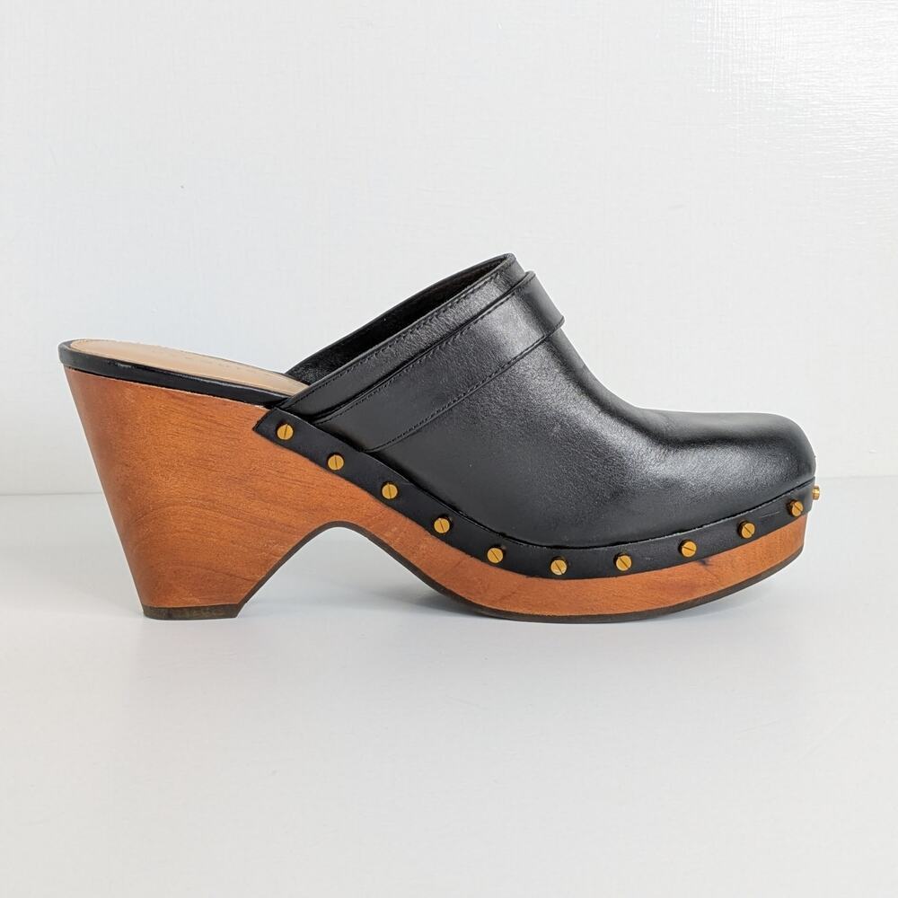 Veronica Beard Hendrix Platform Clogs 9 Black Leather Wood Heel Slip On Mules - Picture 8 of 16